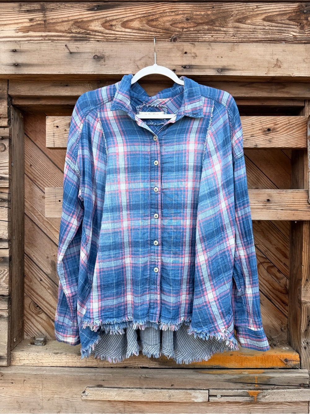 We The Free Blue Pink Plaid Button-Down Shirt
